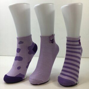 Womens Purple Ankle Socks 3-Pack With Fun Prints Cow Spots Stripes Cute Bear